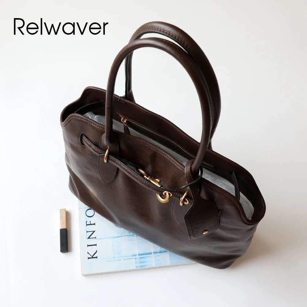 Relwaver Genuine Tote Tree Cream Cow Leather Handbag 2024 Winter Brown Black Big Capacity Commuting Women Bag