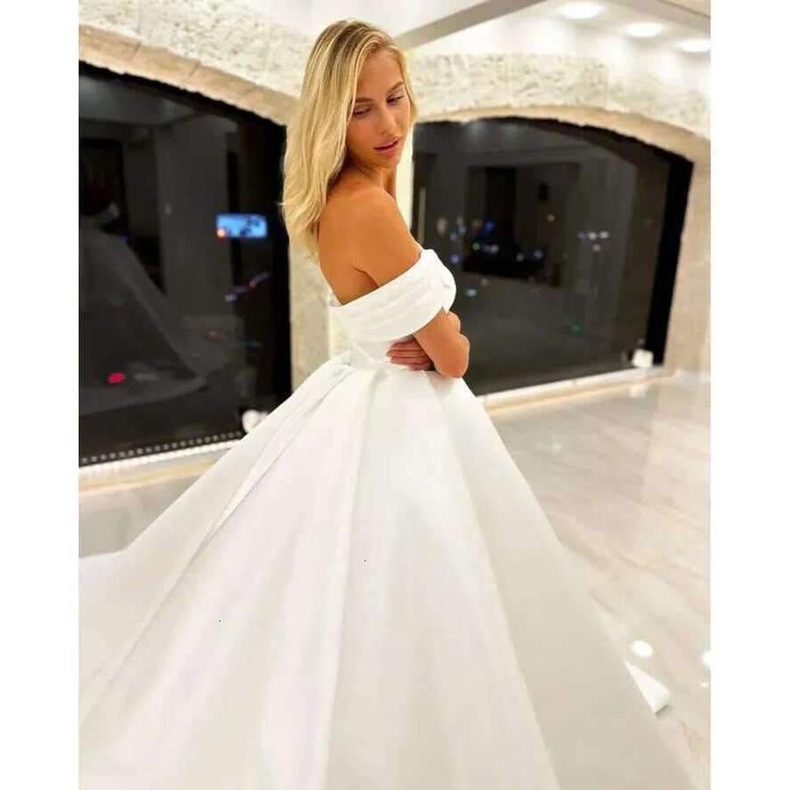 Elegant Modern Plus Size A E Wedding Dresses For Bride Off Shoulder Satin Pleats Draped Backless Court Train Bridal Gowns Custom 0616 0906