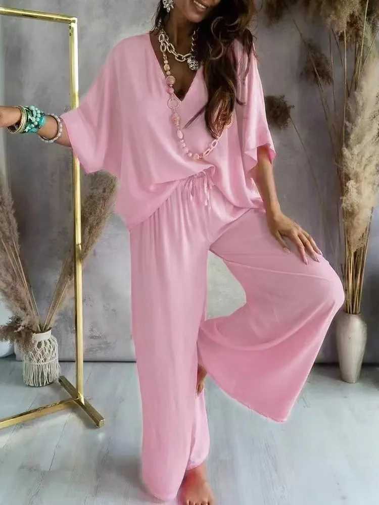 Spring Summer Casual Loose Two Piece Sets Fashion V Neck Backless Top Straight Pants Set Ele Women Batwing Sve OutfitsXJ250106