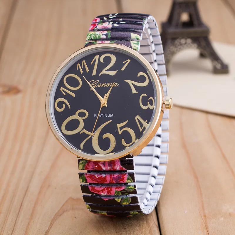 Fashion Flower Women Quartz Watch Arabic Number Large Dial Ladies Wristwatch Unique Elastic Printing Strap Girls Watches 241228