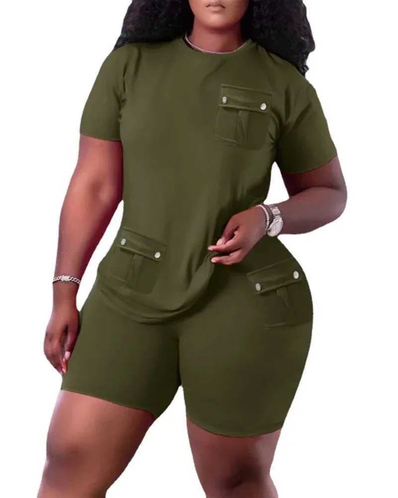 Women Two Piece Shorts Sets Solid Round Neck T Shirts Pockets Elastic Waist Short Trousers Suits Leisure Ladies 2023 SummerXJ250106