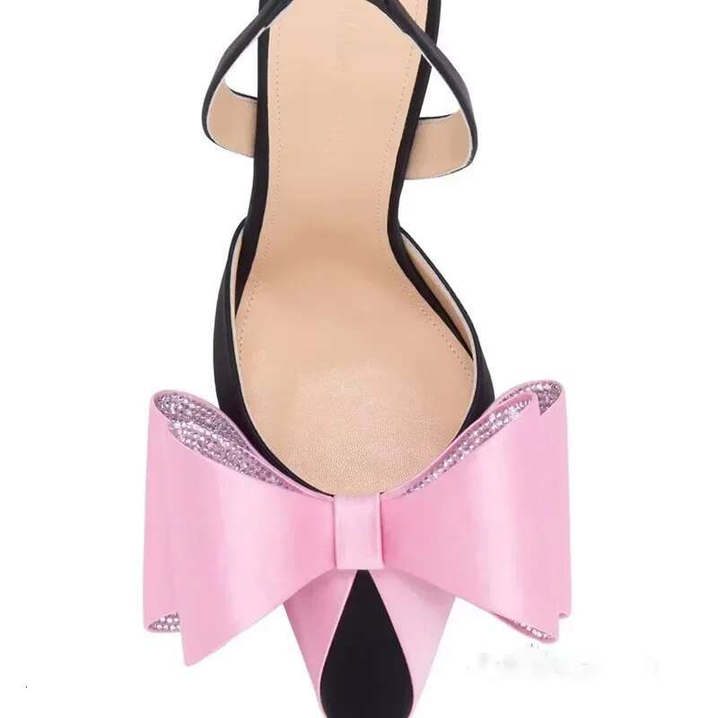 European And American Women's High-Heeled Pointed Bow Decoration Color Blocked Rhie Single Shoe Back Hollow Sandals