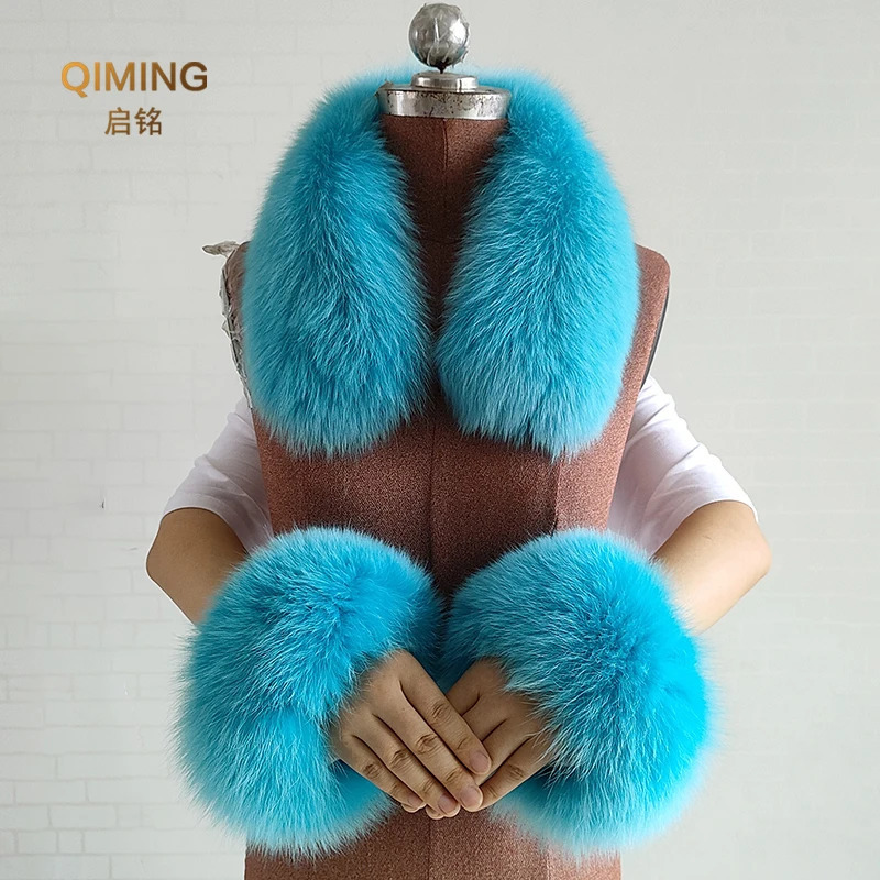 Real Fur Collar Fur Cuffs Set Winter Fox Fur Scarf Neck Warmer Women Coat Decoration Natural Scarves Thick Shawls Wraps 250106