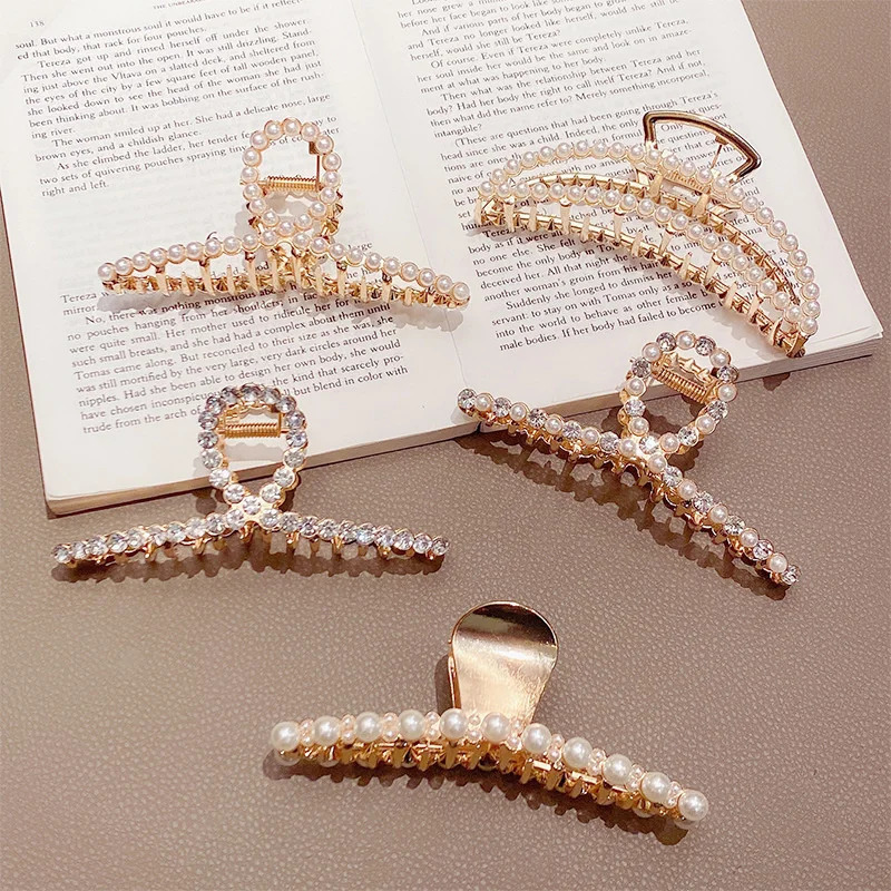 Simulated Pearl Crystal Big Hair Claw For Women Jewelry Elegant Gold Color Crab Hair Clips Hair Accessories Girl Metal Hairpins 250103