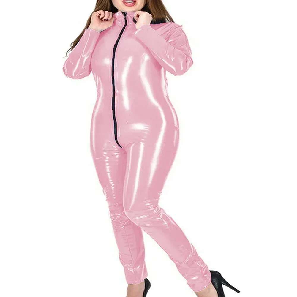 Plus Size Bodycon Women Jumpsuits Long Sleeve Front Zip-Up Catsuits Sexy Open Crotch Playsuits Glossy PVC Leather Solid Clothes