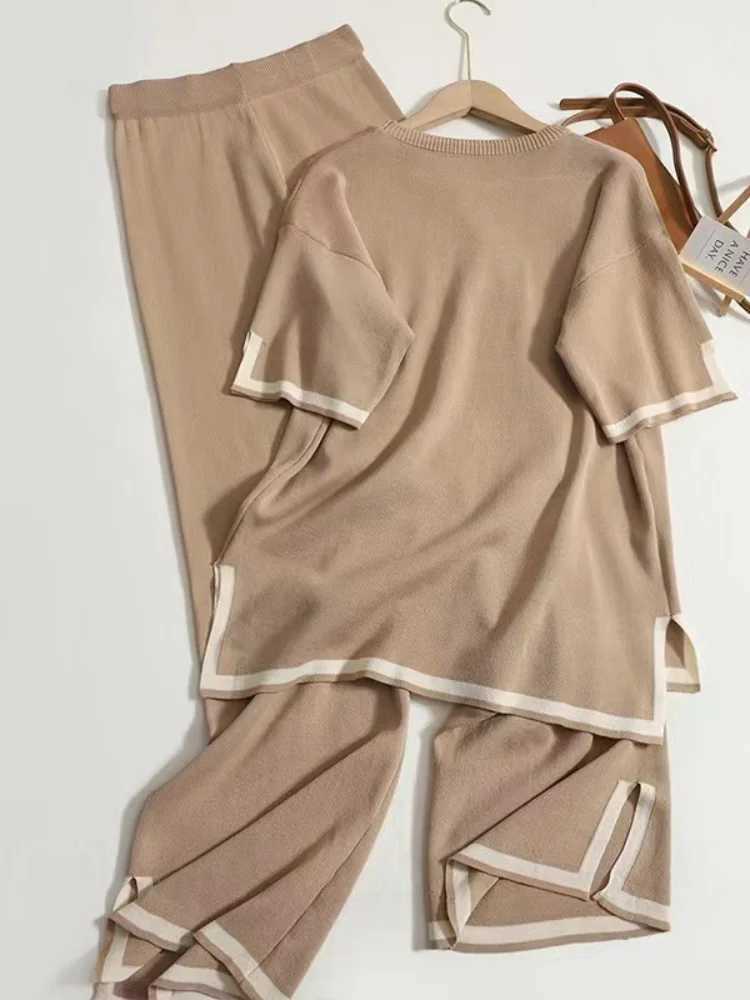 Women Two Piece Set Knit Sweater Suit Short Sve Round Neck Tops Loose Wide Leg Pants Solid Splice Midi Waist CasualXJ250106