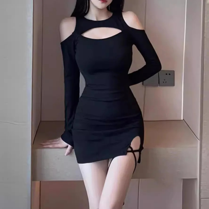 Summer Women Elegant Evening Party Dress Solid Color Long Sleeve High Waist Sexy Hollow Out bandage Mini Beachwear vestido 250103