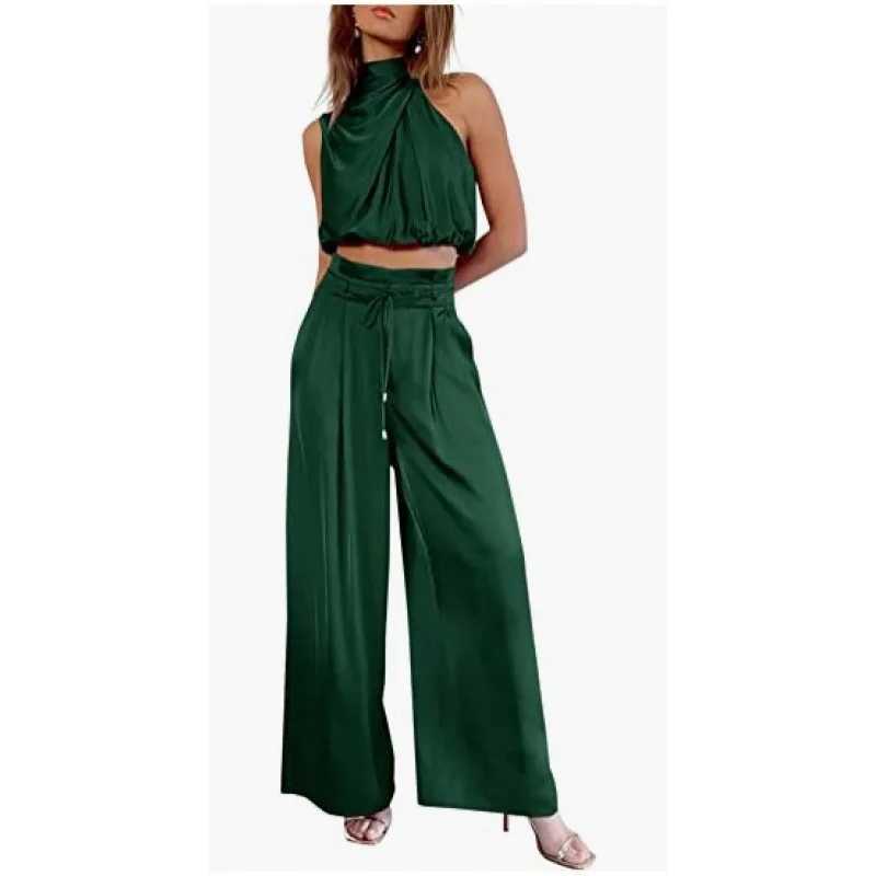 Womens Two Piece Pants Sets Open Navel Outfit Silk Pleated Texture Sveless Top Wide Leg Pants Set Summer Matching Sets 2024XJ250106