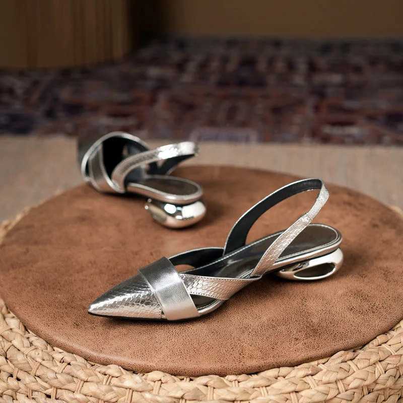 Wens Summer New Leather Pointed Low Baotou Casual hot Fashion Temperament Shaped Heel Sandals Z250107