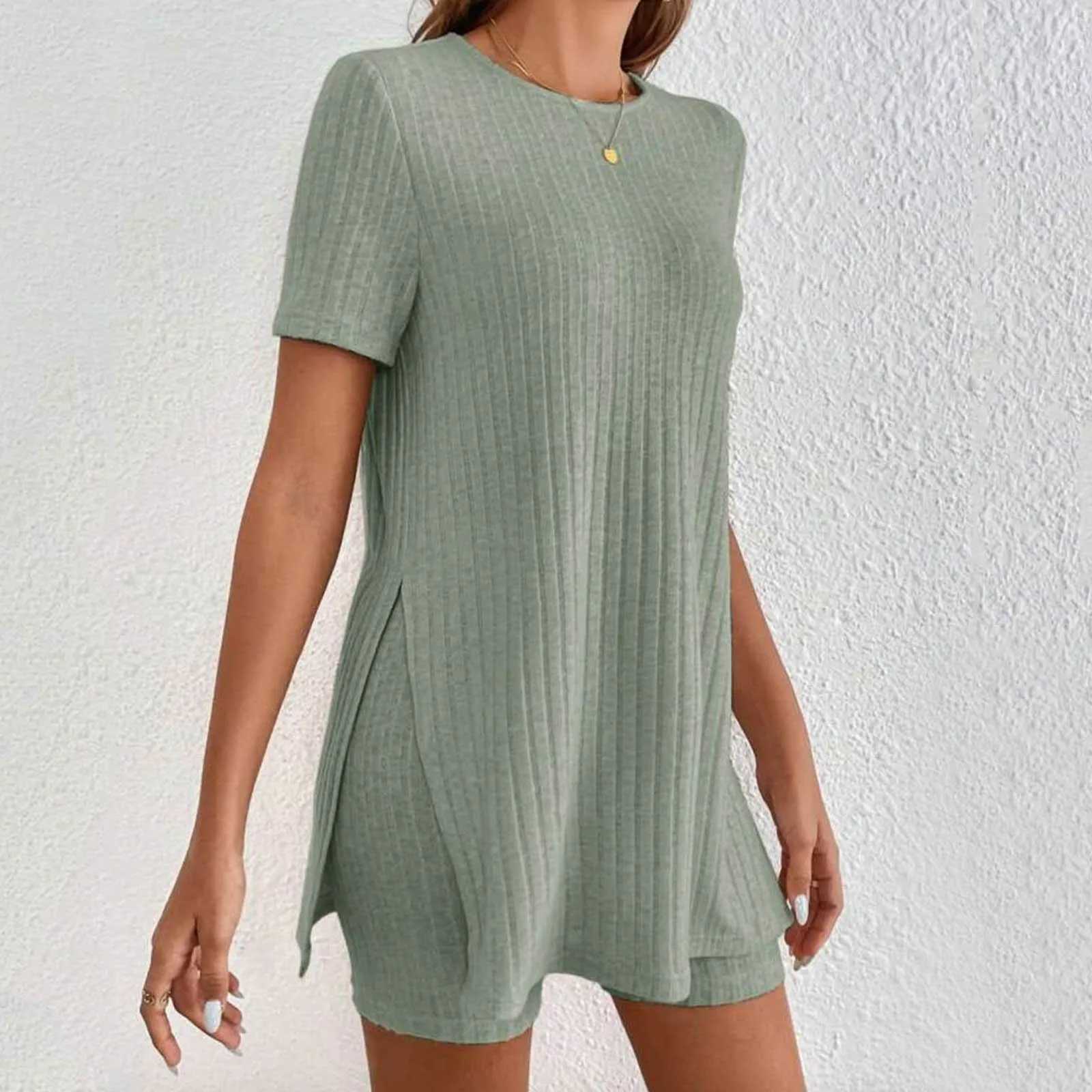 Summer Clothes Two Piece Set 2024 WomenS Vacantio Fashion Casual Suit Solid Color Summer Shorts And Tops New In Matching SetsXJ250106