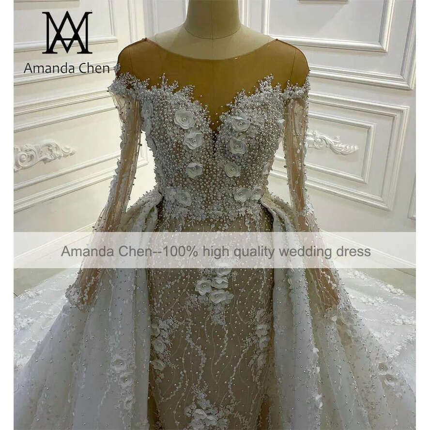 Long Novias Sleeve Lace Applique Pearls D Wers Detachable Skirt Wedding Dress