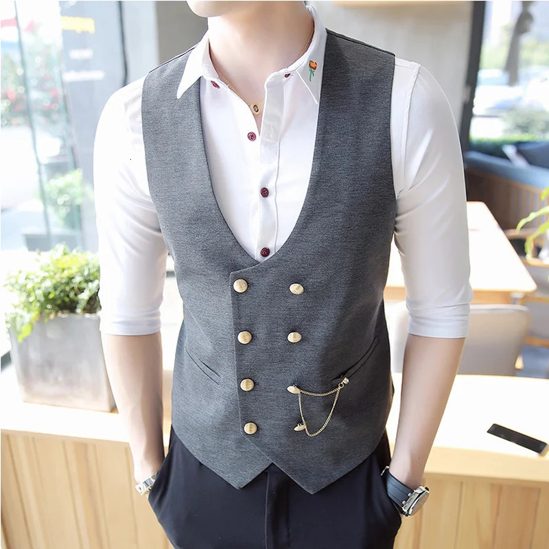 Mens Double Breasted Vest Spring Slim Sleeveless Formal Suit Gray Black Fashion Business Casual 250107