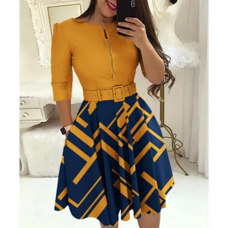 Autumn Elegant Print Slim Belt Party For Women 2023 Sexy V Neck Zipper Long Sleeve A E Dress Office Lady Dresses Femme