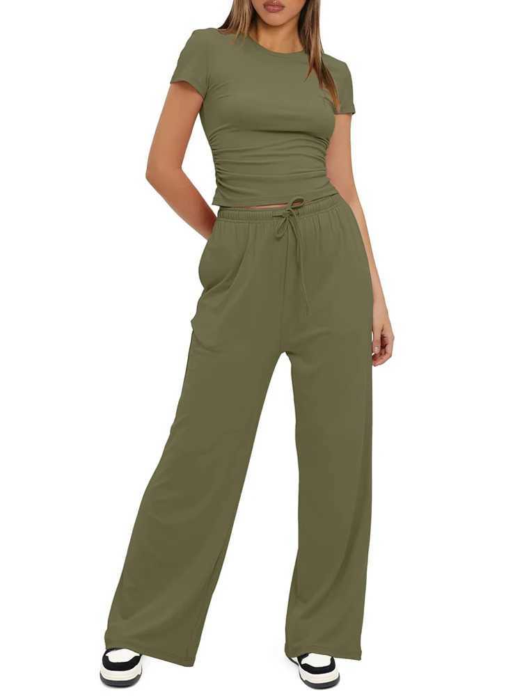 Summer Solid Loose Casual Tracksuit Womens Two Pieces Set O Neck Short Sves T-shirts and Wide Leg Pants Sets Sportswear SetXJ250106
