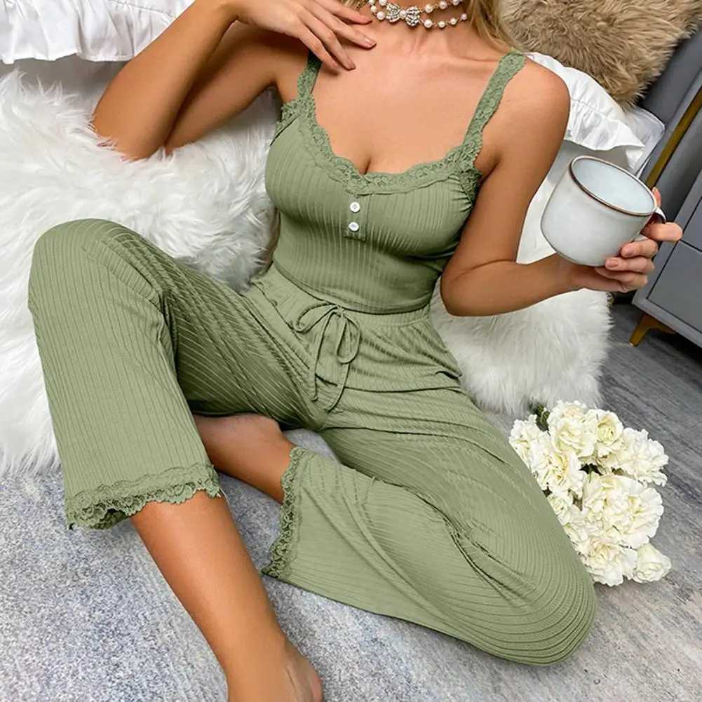 2 Pcs/Set Pants Top Suit Solid Color Low-cut V Neck Sveless Shirring Drstring Pajama Set Elastic Waist Lace Top Trouser SetXJ250106