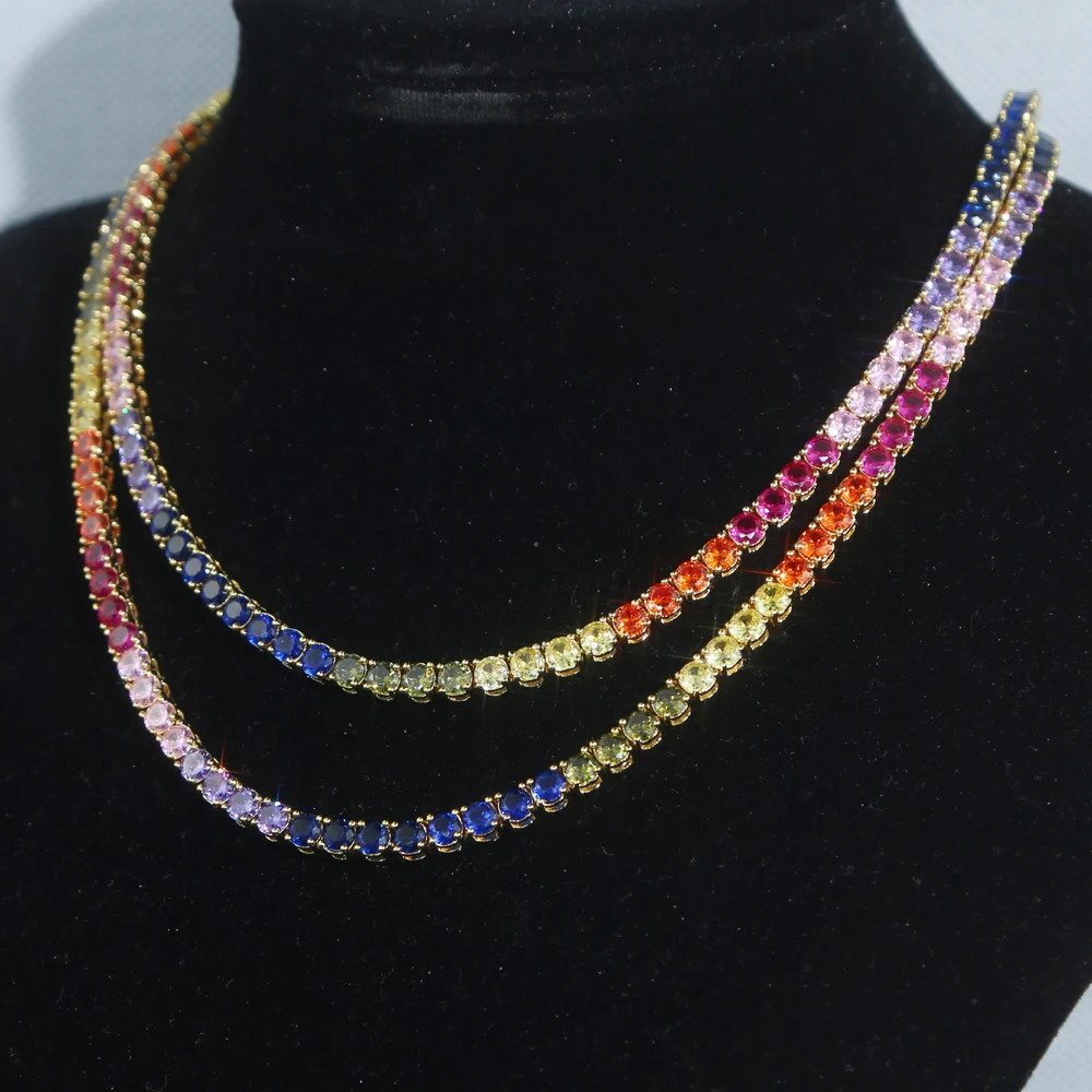 High Quality Rainbow Full 4mm Cz Paved Tennis Chain Choker Necklaces For Women Charm Gold Color Hip Hop Fashion Wedding Jewelry250103