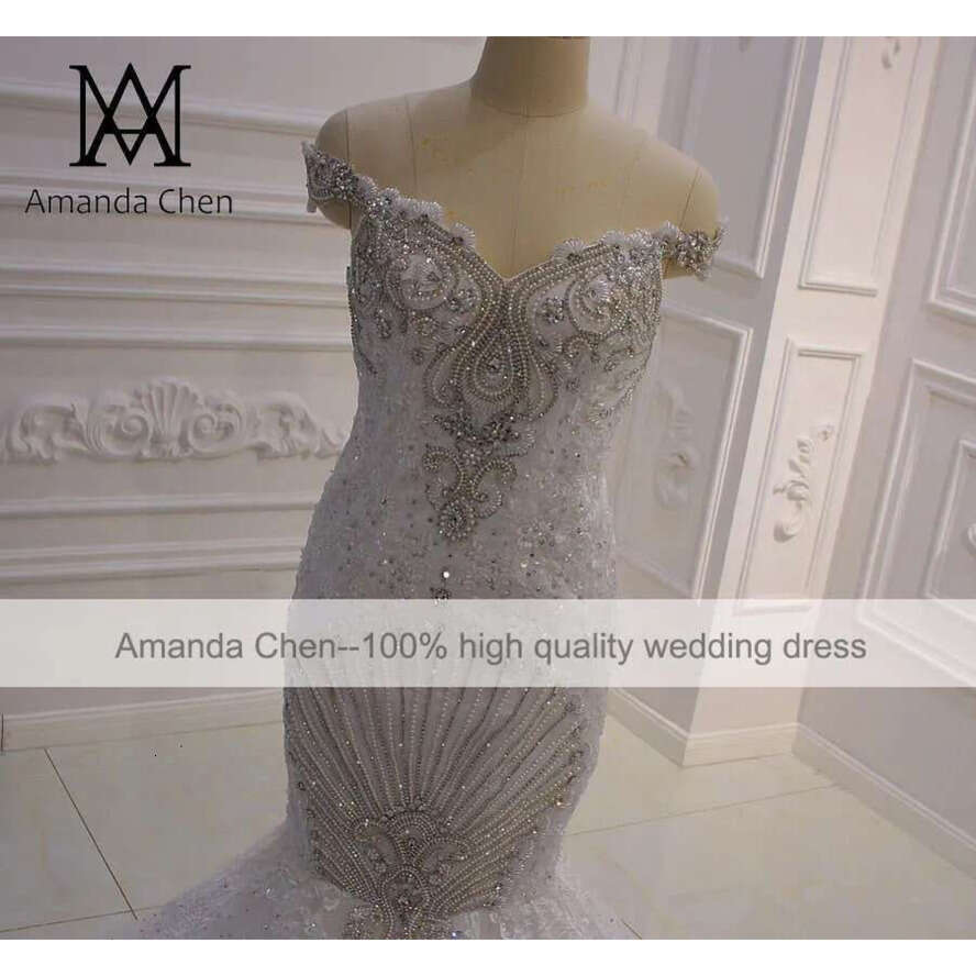 Robe De Mariage Off Shoulder Lace Appliqued Crystal Mermaid Detachable Train Wedding Dress
