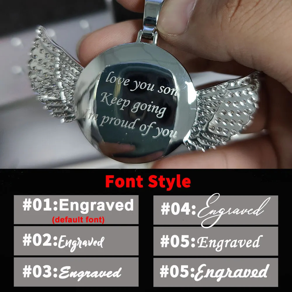 Drop Hip Hop Personalized Pendant Bling CZ Memorial Picture Necklace Po Custom Angel Free Engrave Wing Pendants 250107