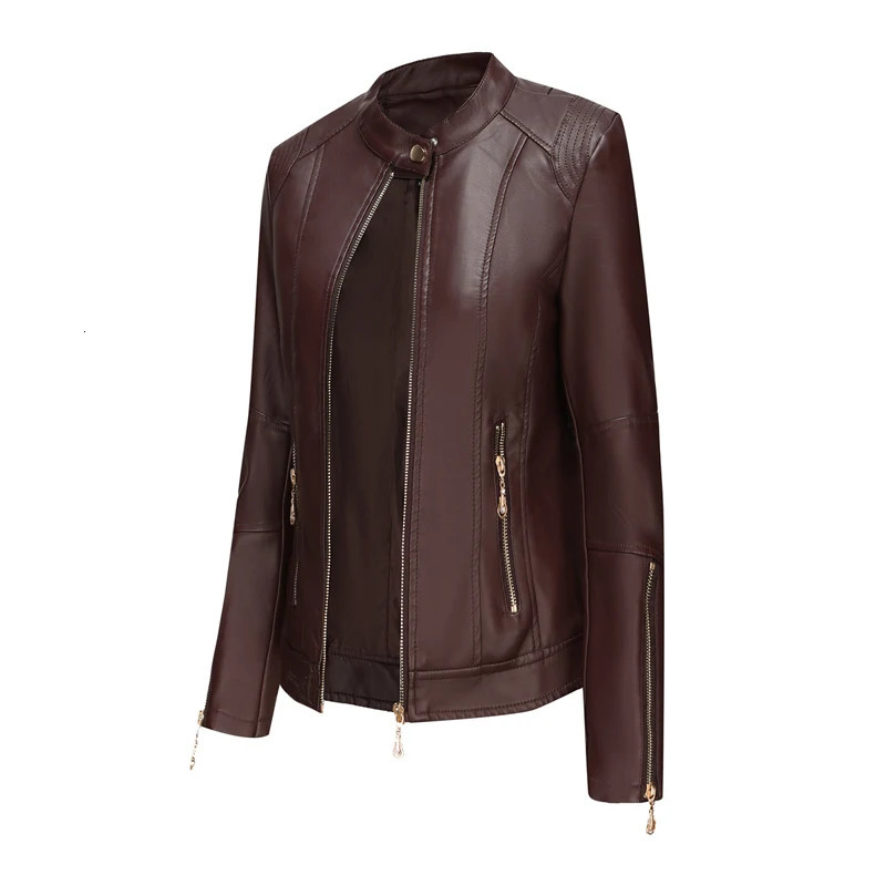 Spring Autumn Ladies Casual Leather Jacket Outdoor Windproof PU Stand Collar Tops Fashion Slim Motorcycle Wear Womens Clothing 250103