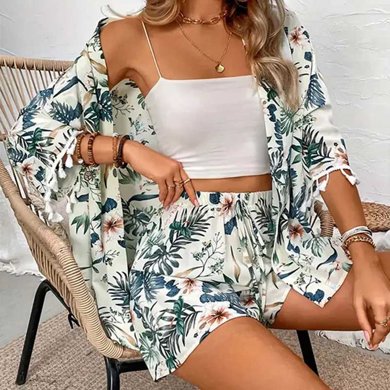 Two Piece Set For Women Outfits Open-front Cardigan Smock Flower Printed Beach Shorts Summer Suits Fe Clothing BeachwearXJ250106