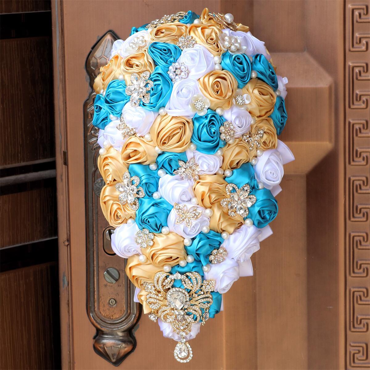 Wedding Flowers Bridal Bouquet Waterfall water drop hand bouquet gold diamond ribbon rose wedding supplies