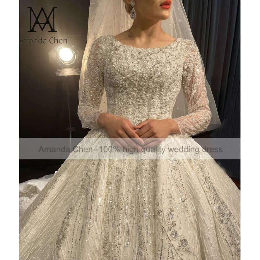 Long Sleeve Handmade Bead Muslim Wedding Dress