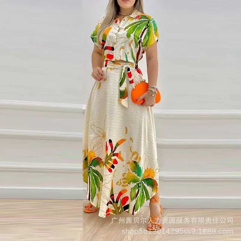 Womens tropical printed long sleeved cut top two-piece set summer work top W250107