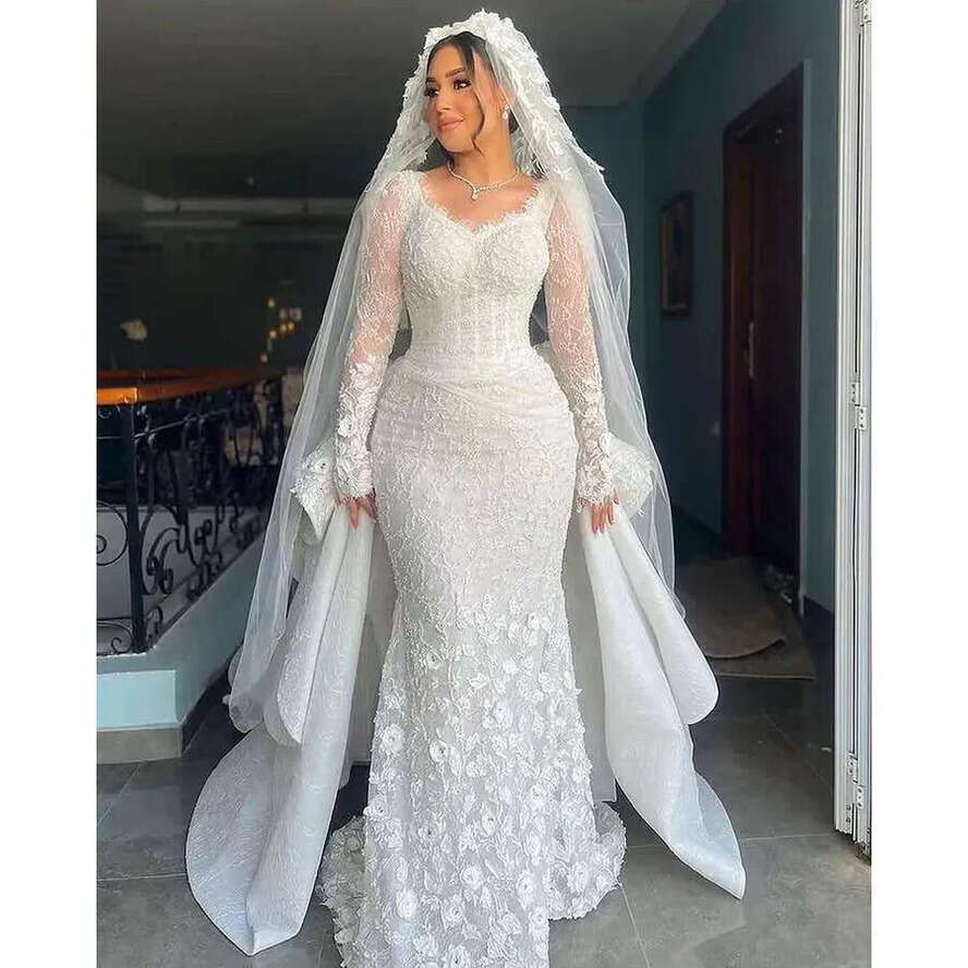 Middle East Long Sleeves Wedding Mermaid Dresses Detachable Train Longsleeve 3D-Ral Appliques Beaded Engagement Lace