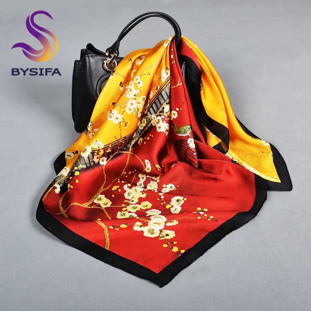 BYSIFA Letters Silk Scarf Shawl Spring Autumn Fashion Square Coffee Orange Scarf Foulard Winter Womens Headwear Accessories W250107