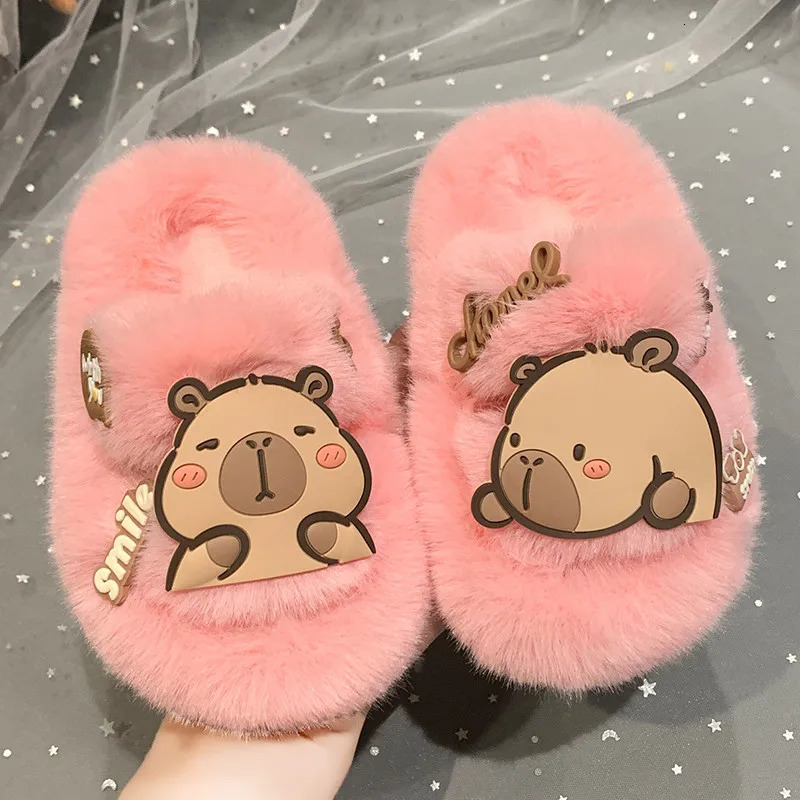Cute Capybara Kids House Slippers Soft Fluffy Girls Warm Fur Slippers Fashion Cartoon Children Boys Open-toe Cotton Flat Shoes 250106