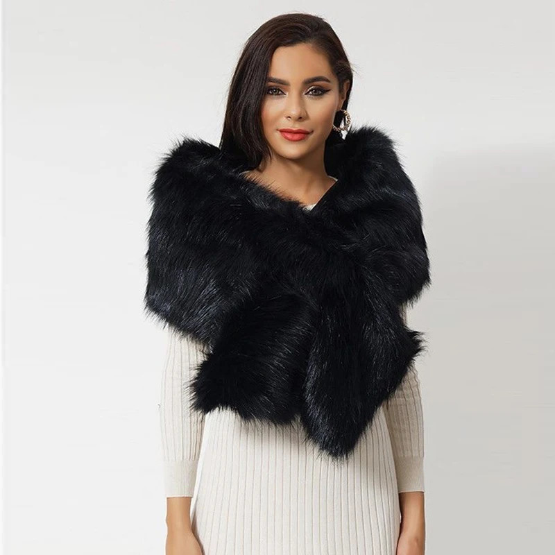Winter Faux Fur Shawl Long Scarf Neck Warmer Women Furry Shawl Wedding Bridal Jacket Formal Evening Party Shrug Accessories 250106