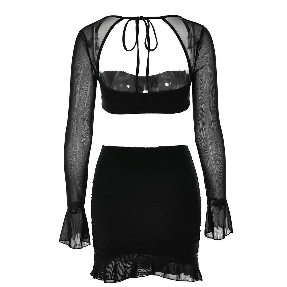 Women Sexy Summer Skirt Set 2 Piece Sheer Mesh Long Sleeve Low Cut Square Neck Crop Top Bodycon Ruffle Mini Skirt Outfits 250106