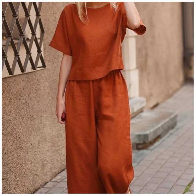 Womens Short Sve Shirt Top Wide Leg Pants Two Piece Set 2024 Fashion Summer Product Casual Hoodie Loose Solid Color LadiesXJ250106