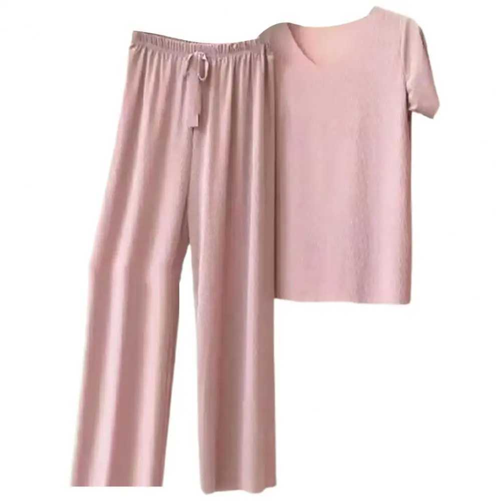 2 Pcs/Set Women T-shirt Pants Set Pleated Wide Leg V Neck Short Sves Loose Homewear Pullover Thin Summer Top Trousers SetXJ250106