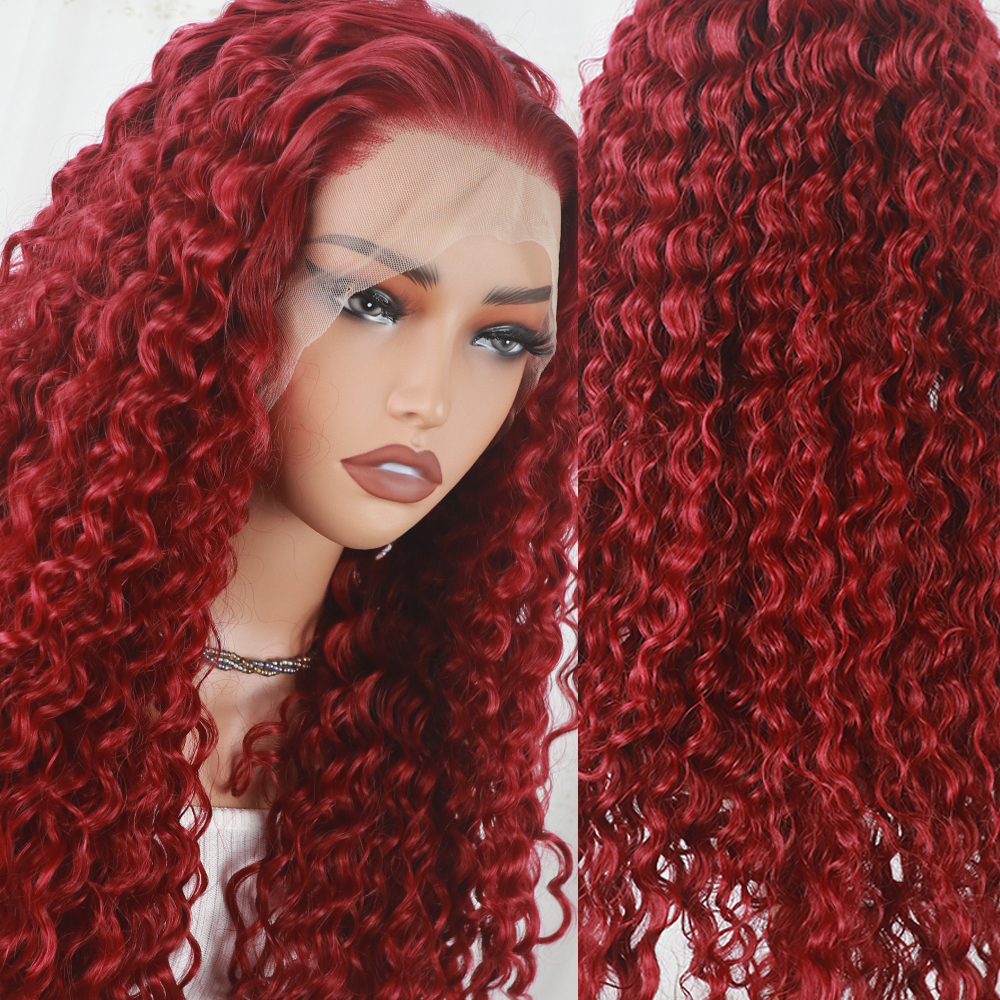 13x4Lace Front Red Deep Wave Wig Fashion Dark Root Realistic Curly Heat Resistant Fiber Look Like Human Hair