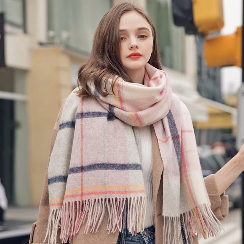 Winter 100% Lamb Wool Scarf Women Thicken Warm Shawls Wraps Checkered Pashmina Foulard Femme Plaid Cashmere Scarves 250106