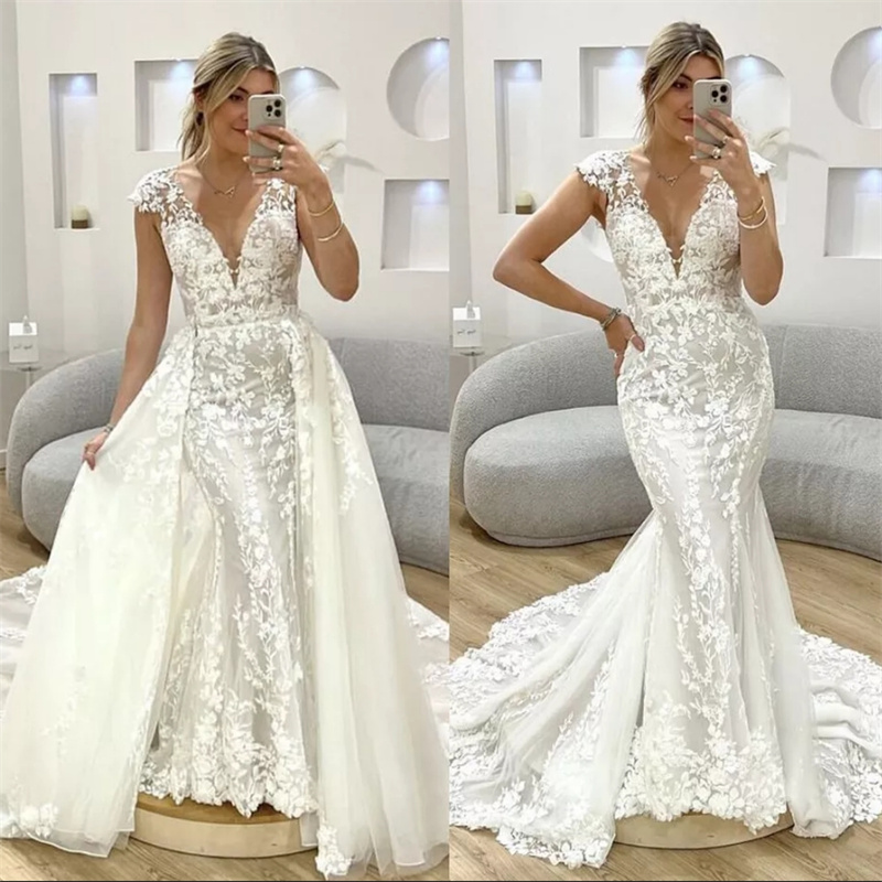 Fancy Lace Mermaid Wedding Dress With Detachable Train Gorgeous Plus Size Church Dubai Bridal Dress 2 In 1 Civil Bride Dress Bespoke Vestio De Novias 