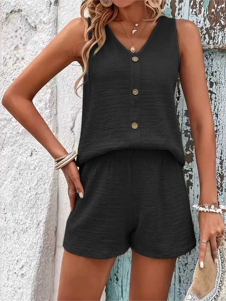 Womens Casual Vest Shorts Suit 2 Pieces Sets Summer New V Neck Buttons Vest High Waist Wide Leg Shorts Sets For Women ClothingXJ250106