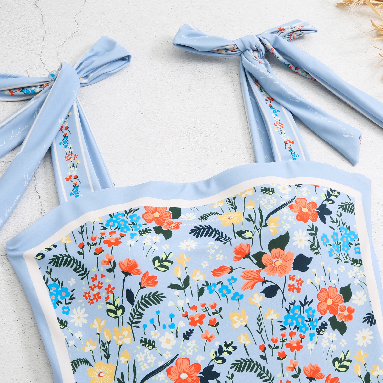 Double sided strap swimsuit with fixed print one-piece vintage swimsuit 250106