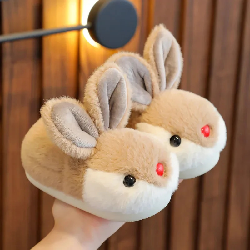 Cute Girls Rabbit Slippers Kids Winter Shoes Warm Fluffy Plush Children Causal Fashion Cotton Slippers Soft Bottom Boys Flats 250106