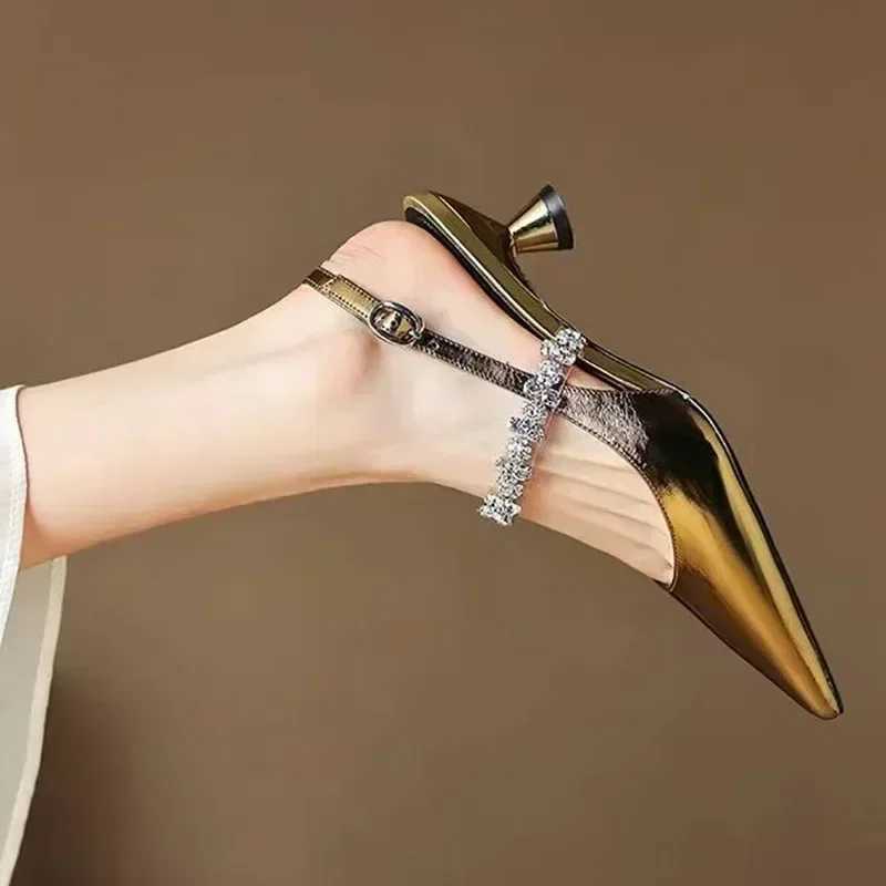 New Wens Sandals Pointed Toe New Slingbacks Rhinestone Wedding Shoes Gold Sliver Hot Low H Summer Zapatos De Mujer Z250107