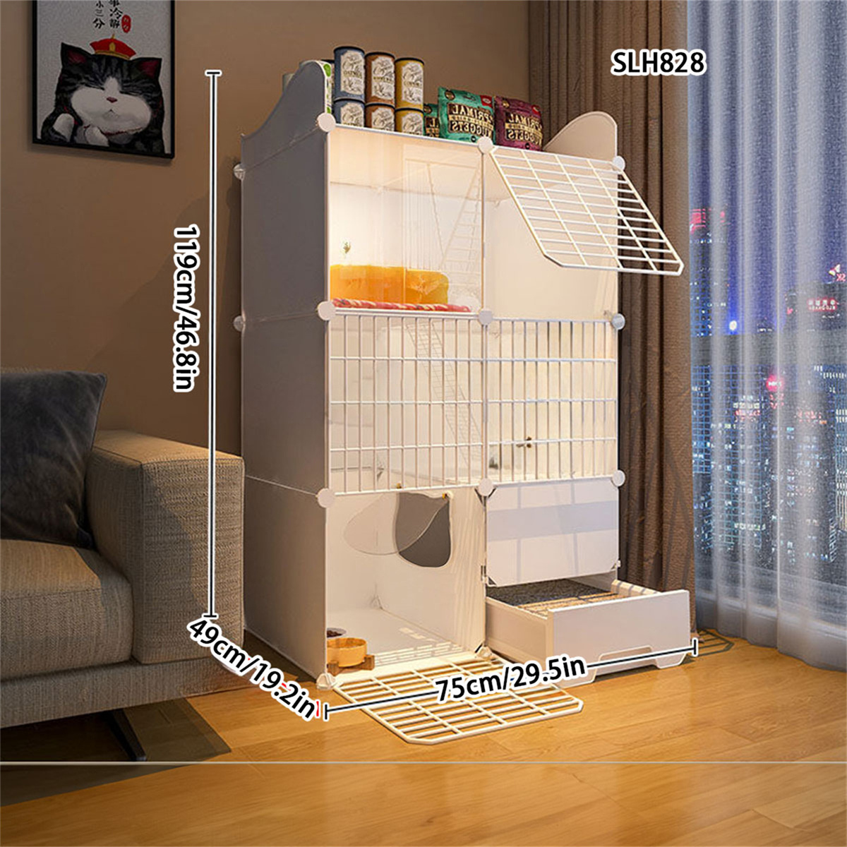 Indoor Multi-Level Cat Enclosure with Built-In Litter Pan - Large Size