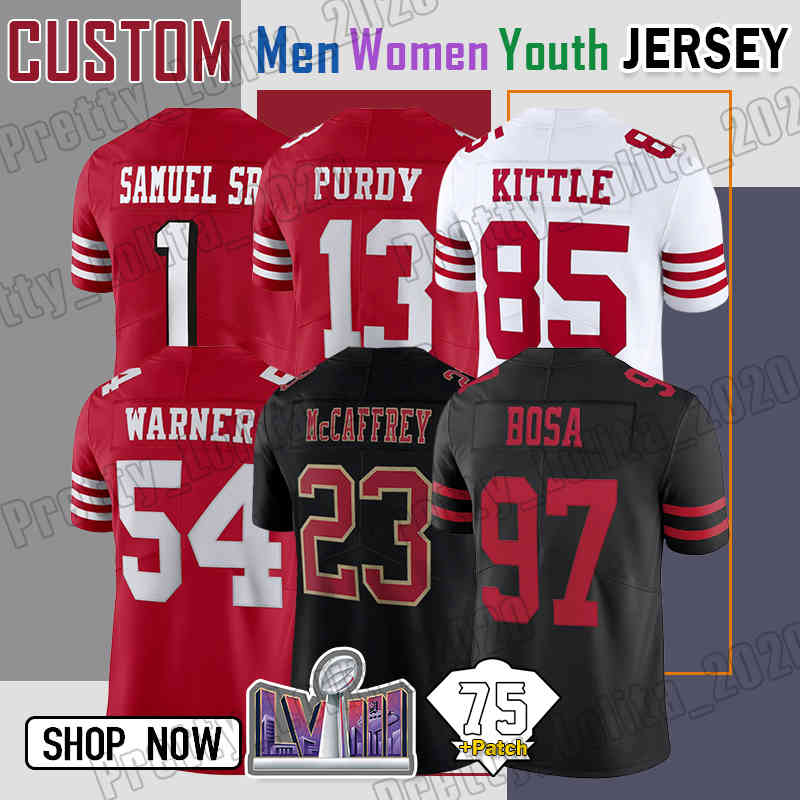 23 Christian McCaffrey 13 Brock Purdy Football Jersey Niners 1 Deebo Samuel Sr 85 George Kittle 54 Fred Warner 16 Joe Montana 97 Nick Bosa Ricky Pearsall Jauan Jennings