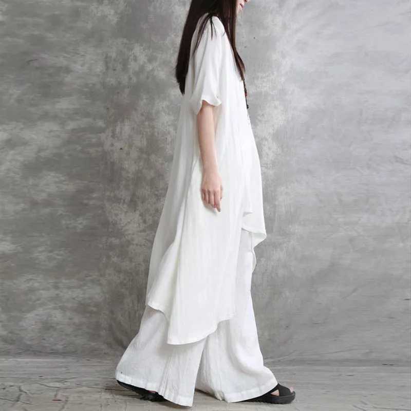 Women Cotton Linen Pant Sets 2 Pieces Casual Half Sve Solid Loose Blouse High Elastic Waist Wide Leg Full Trousers SuitsXJ250106