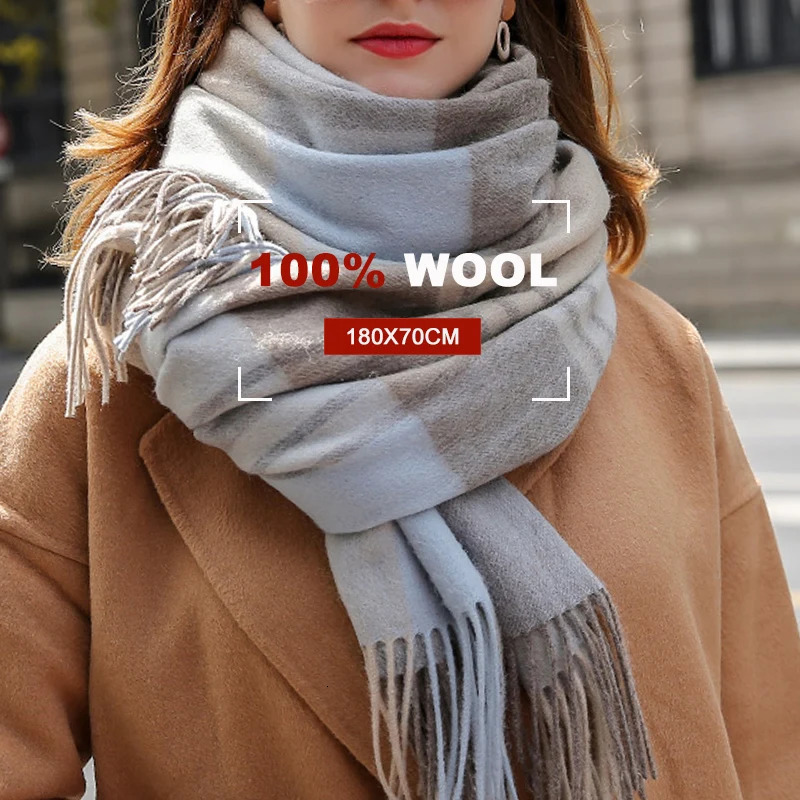 Winter 100% Lamb Wool Scarf Women Thicken Warm Shawls Wraps Checkered Pashmina Foulard Femme Plaid Cashmere Scarves 250106