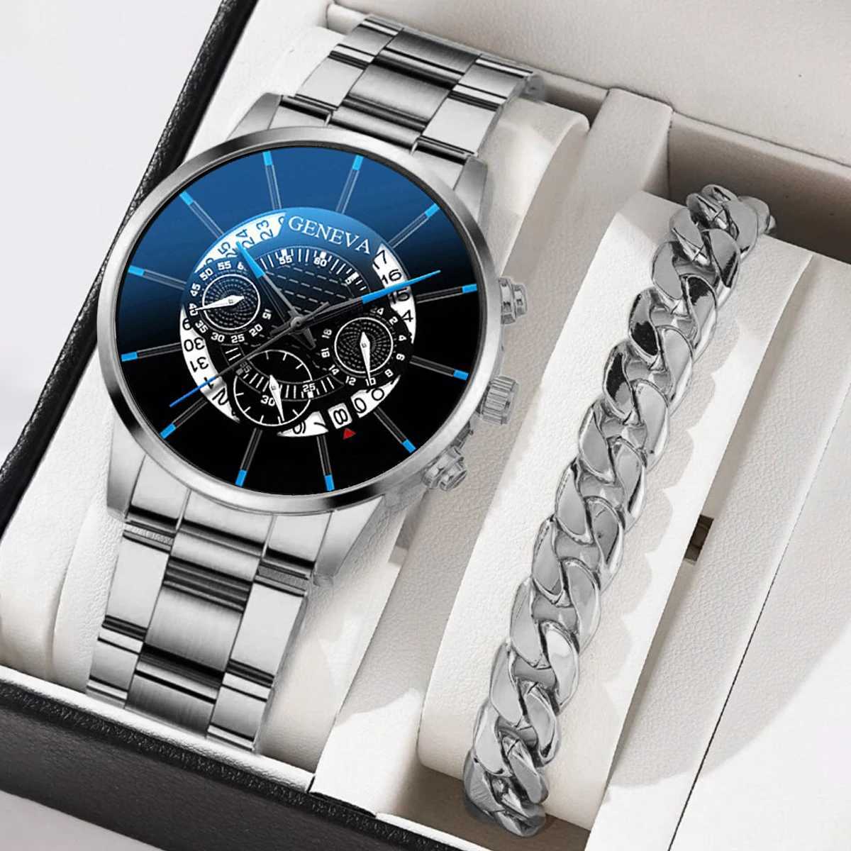 2PCS Men Business Watch Fashion Big Dial Steel Band Calendar Watches Sports Quartz Wristwatch Relogio MasculinoWithout BoxX250107