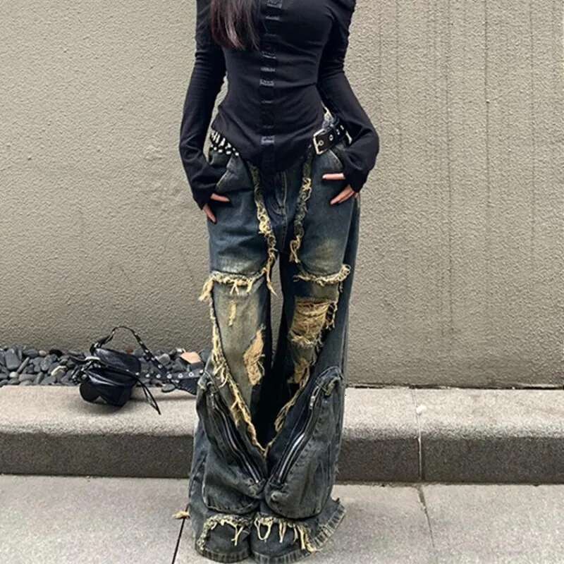 Y2k Ripped Tassel Washed Baggy Woman Retro Street Hip-Hop Loose Old Fashion Casual High Waist Wide Leg Jeans