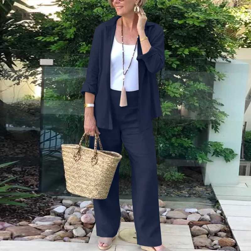 Womens Solid Color Cotton Linen Pants Suit Lapel Pocket Fashion Spring Summer New Shirt Casual Pants 2-piece SetXJ250106