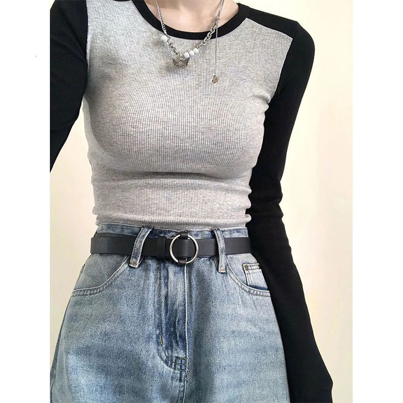 Womens Clothing Autumn Winter Trendy Contrast Color Ribbed Knitted Basic T-shirts Y2K Female O Neck Long Sleeve Sexy Short Tops 250106