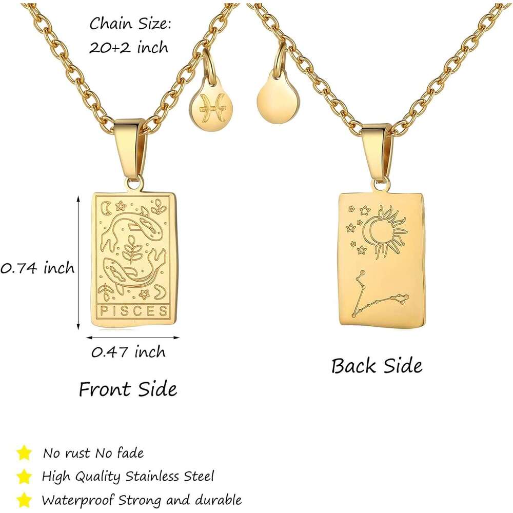 klace for Women Constellation Tarot Card Pendant Double Sided Gold Stainless Steel Waterproof NonTarnish Friendship Jewelry Gift